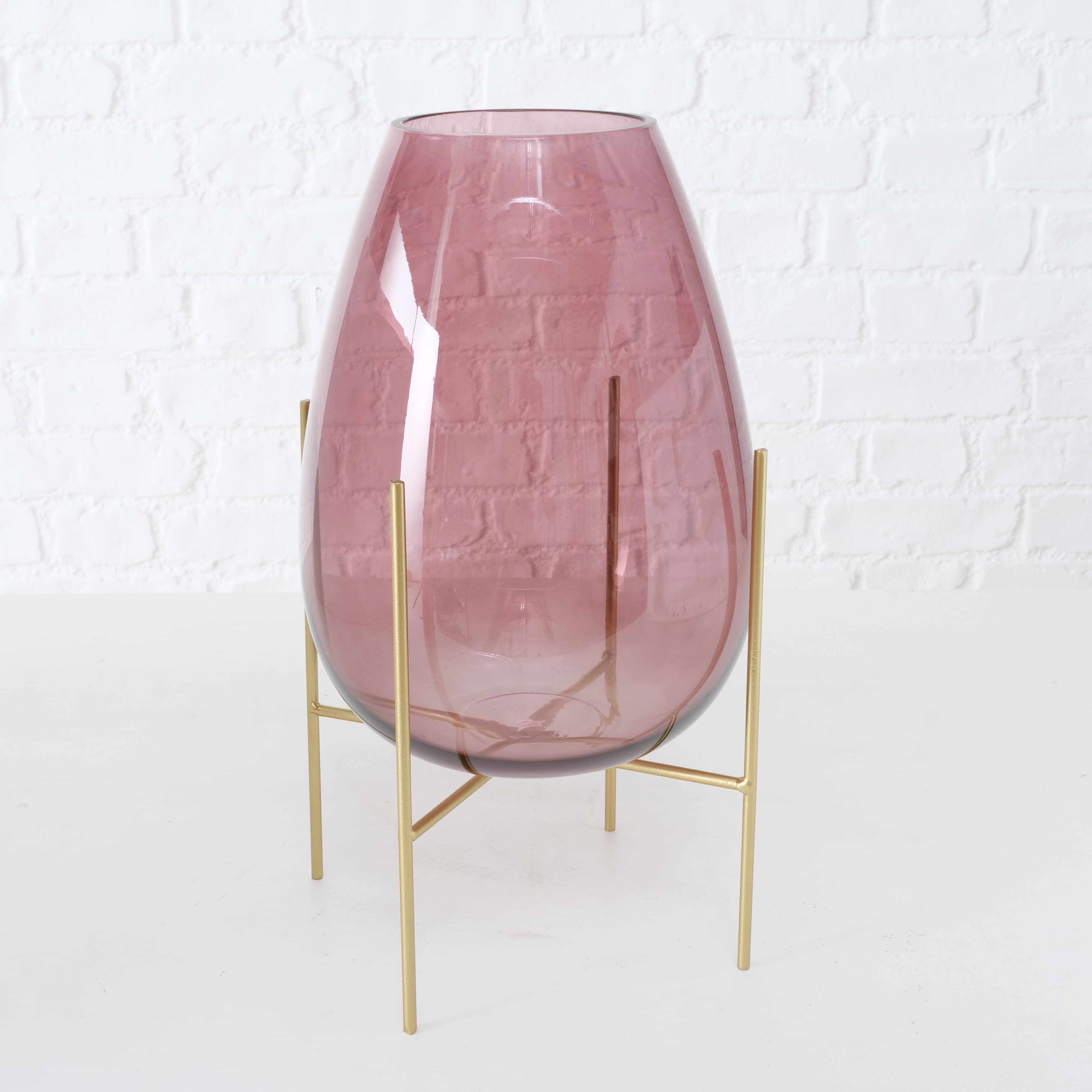 Vaza decorativa din sticla cu suport metalic Orlina Roz / Auriu, Ø23xH39 cm