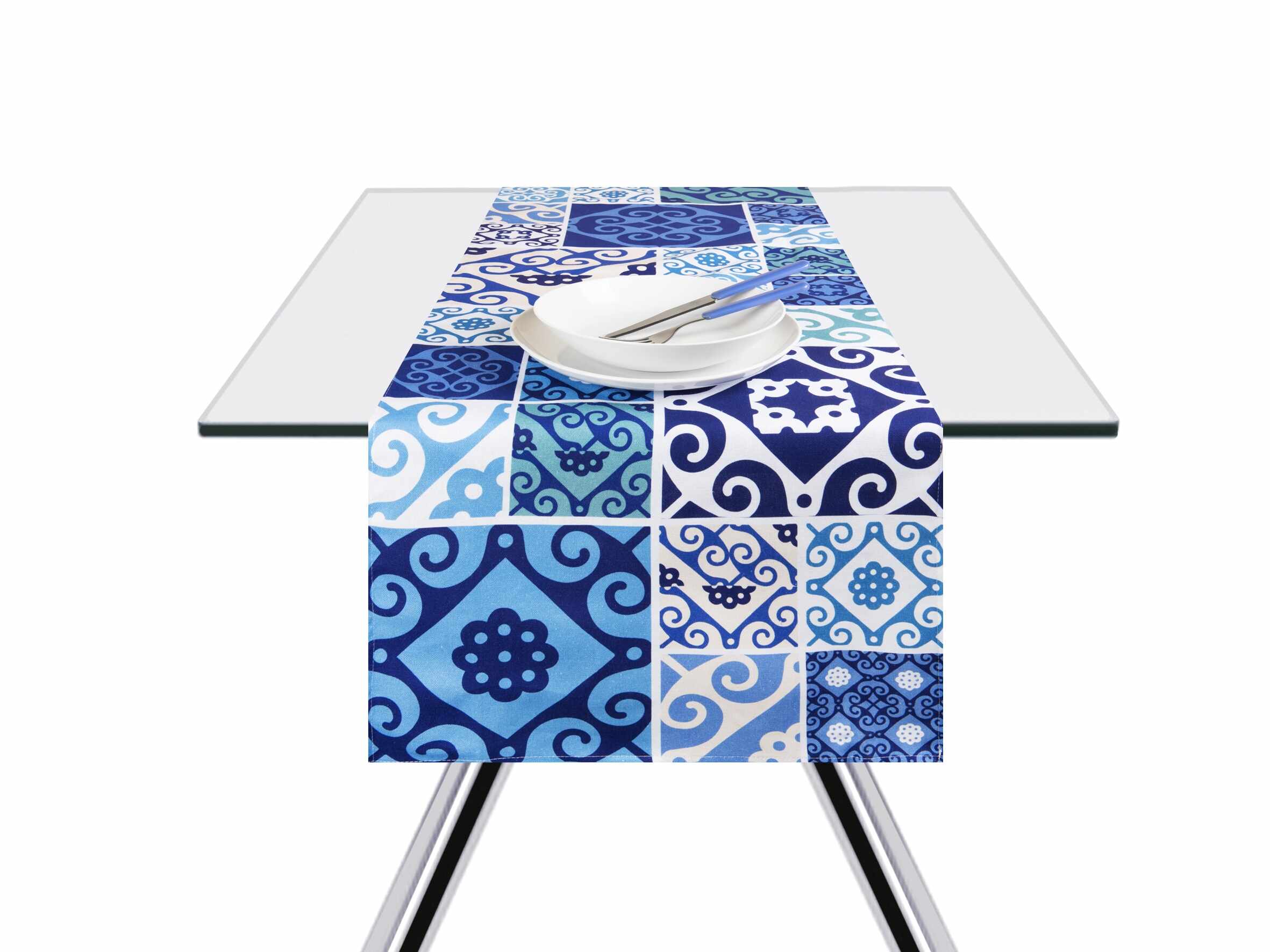 Traversa masa din bumbac, Maiolica Albastru, 45 x 140 cm
