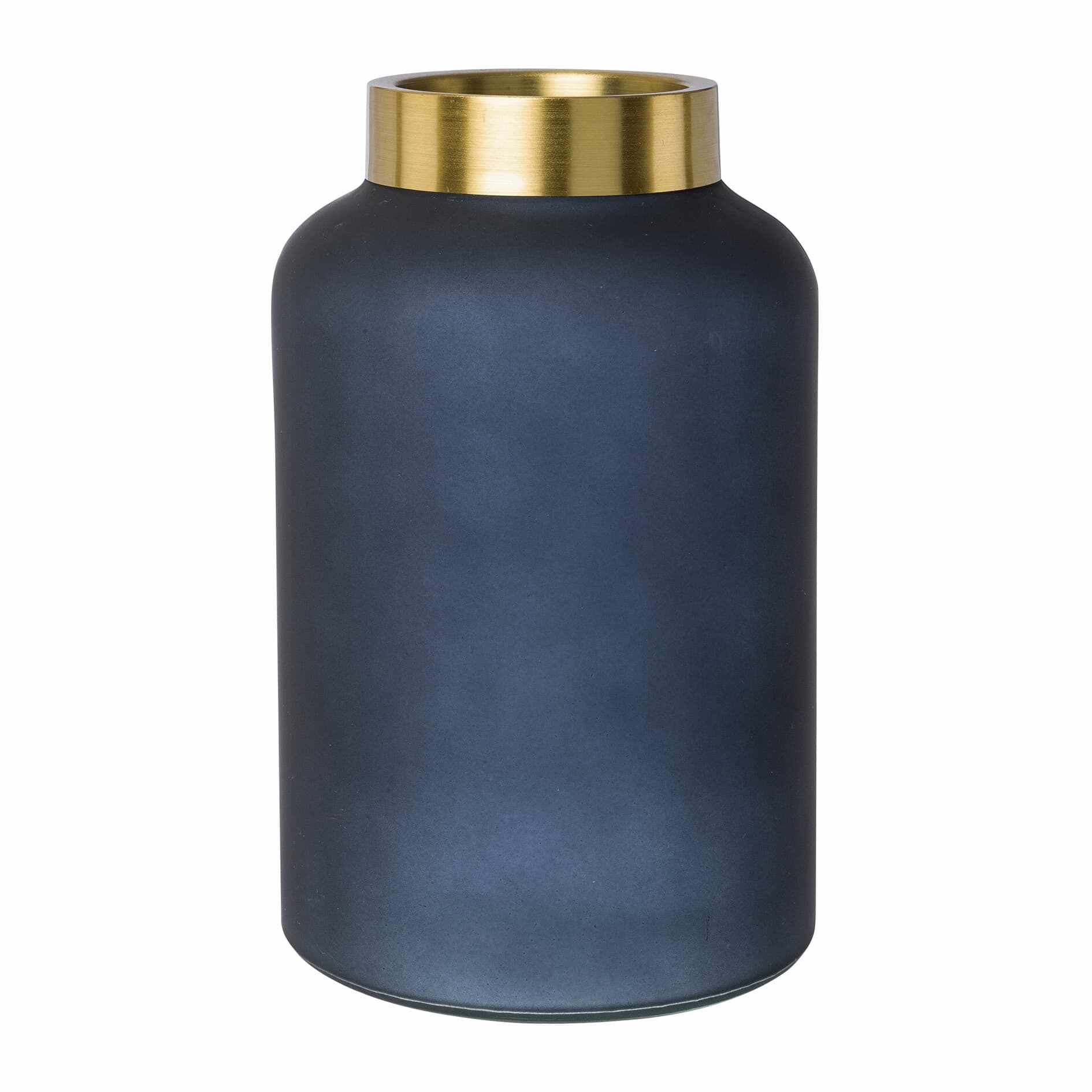 Vaza decorativa din sticla si metal, Jar Albastru Inchis / Auriu, Ø14,5xH22,5 cm
