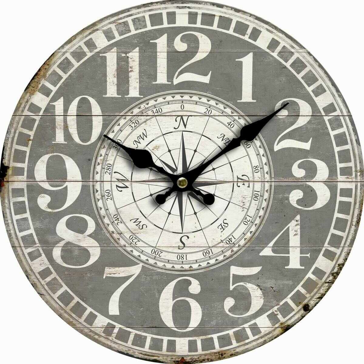 Ceas de perete, din lemn, Vintage compass, diam. 34 cm
