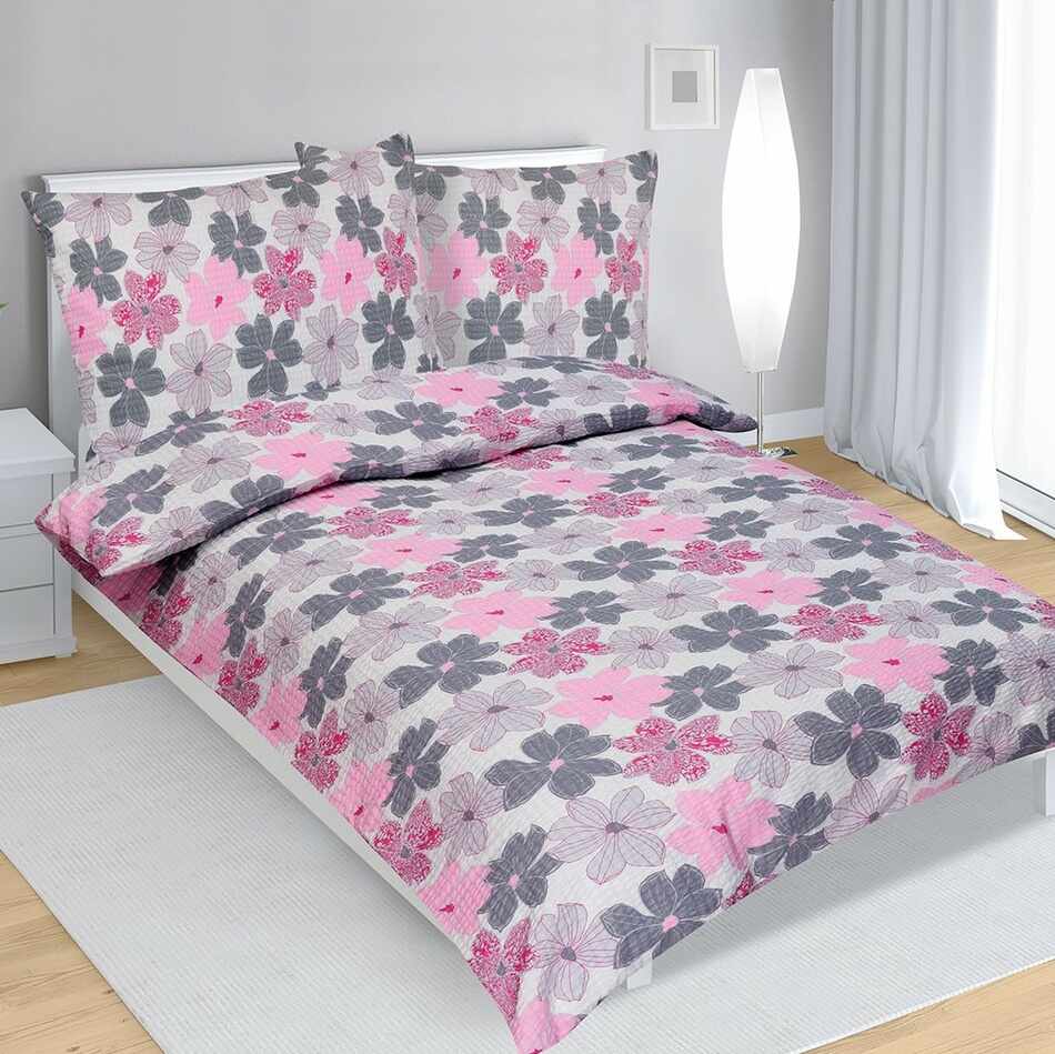 Lenjerie de pat creponată Flori roz, 140 x 200 cm, 70 x 90 cm