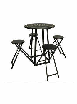 Masa rotunda din metal cu 4 scaune, pliabile, rabatabila, vintage, set de gradina, terasa, Bistro de Paris, D 77 cm, H 103 cm, negru