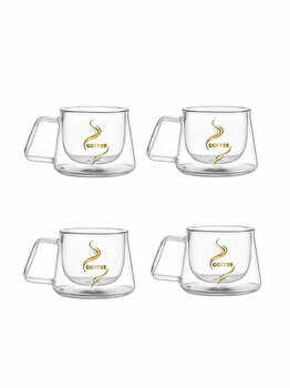 Set 4 cesti cafea, Quasar&Co., 230 ml, din sticla cu pereti dubli, termorezistenta, mesaj COFFEE, d 7.8 x h 7 cm