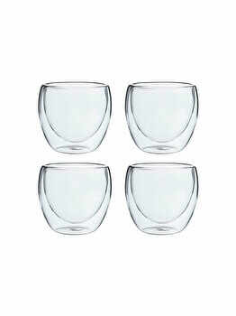 Set 4 pahare din sticla cu pereti dubli, Quasar&Co., 250 ml, termorezistente, design modern, h 9 cm, d 8 cm