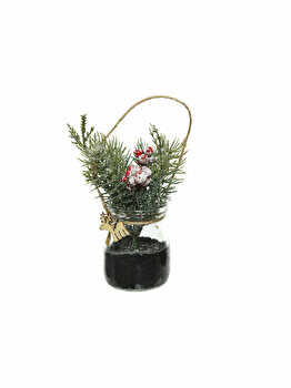Decoratiune borcan cu ornament brad, DecoDepot, 14 cm, Rosu