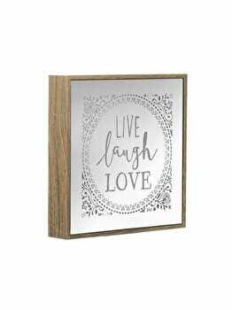 Decoratiune, Pufo, model Live Laugh Love, din lemn si oglinda cu 30 leduri, 21 x 21 cm, Alb-maro