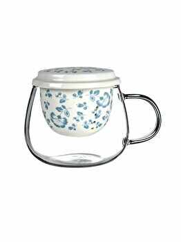 Ceasca ceai cu infuzor portelan, Quasar & Co., model flori bleu, sticla/portelan, termorezistenta, 350 ml, Alb-albastru