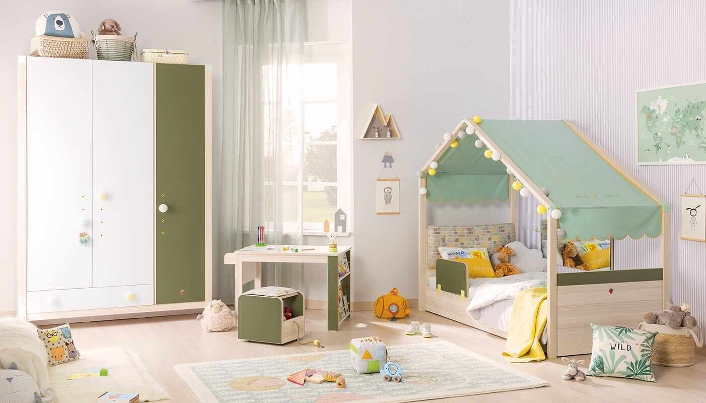 Set Mobila dormitor din pal, pentru copii 5 piese Montessori New Natural / Verde, 200 x 90 cm
