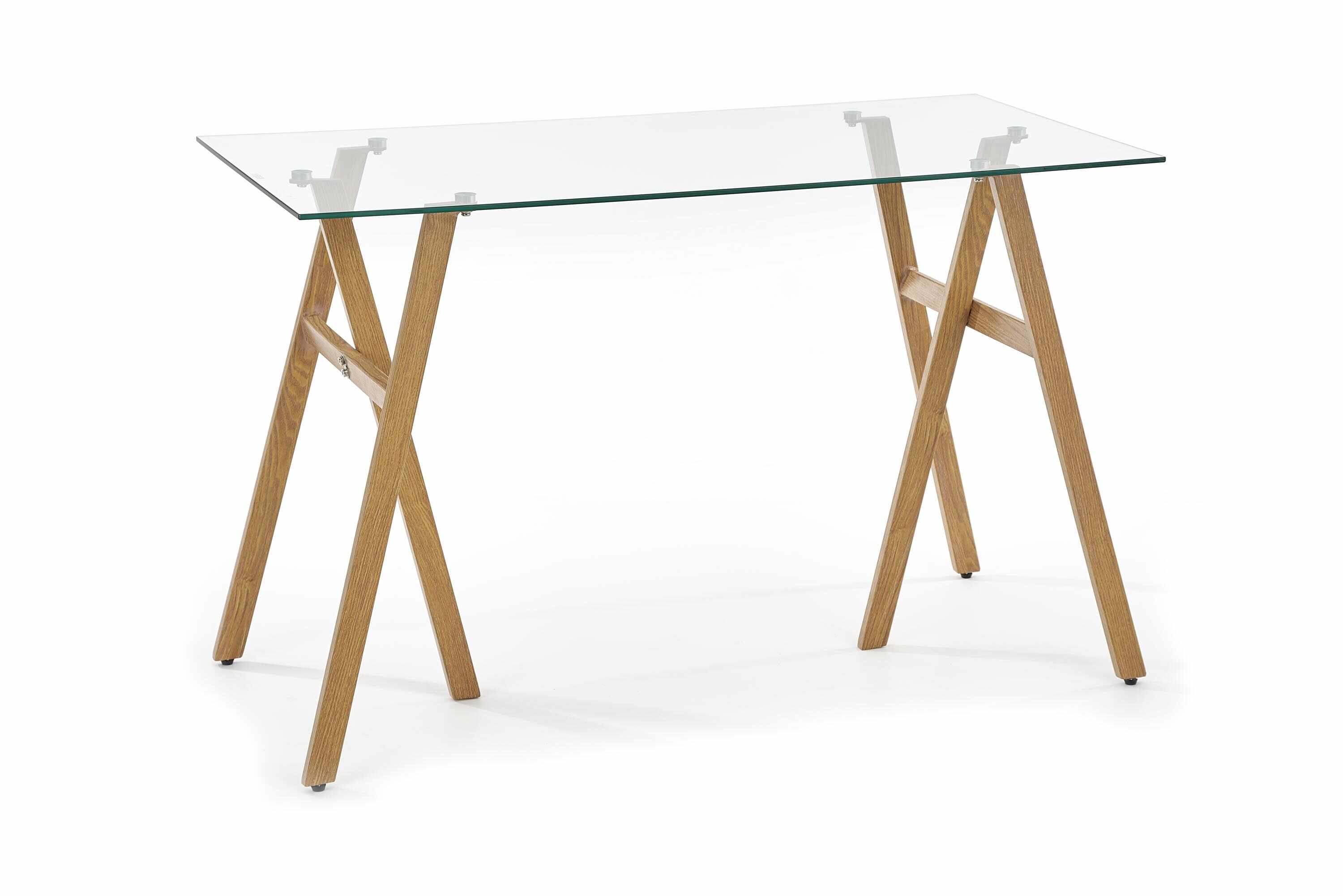 Masa de birou din sticla si metal B-35 Transparent / Stejar, L120xl60xH76 cm