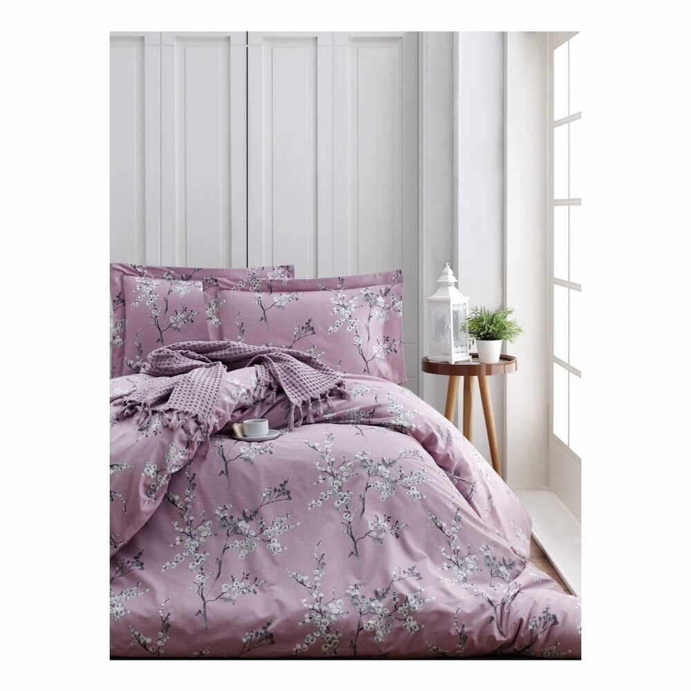 Lenjerie cu cearșaf din bumbac ranforce pentru pat dublu Chicory Pink, 200 x 220 cm