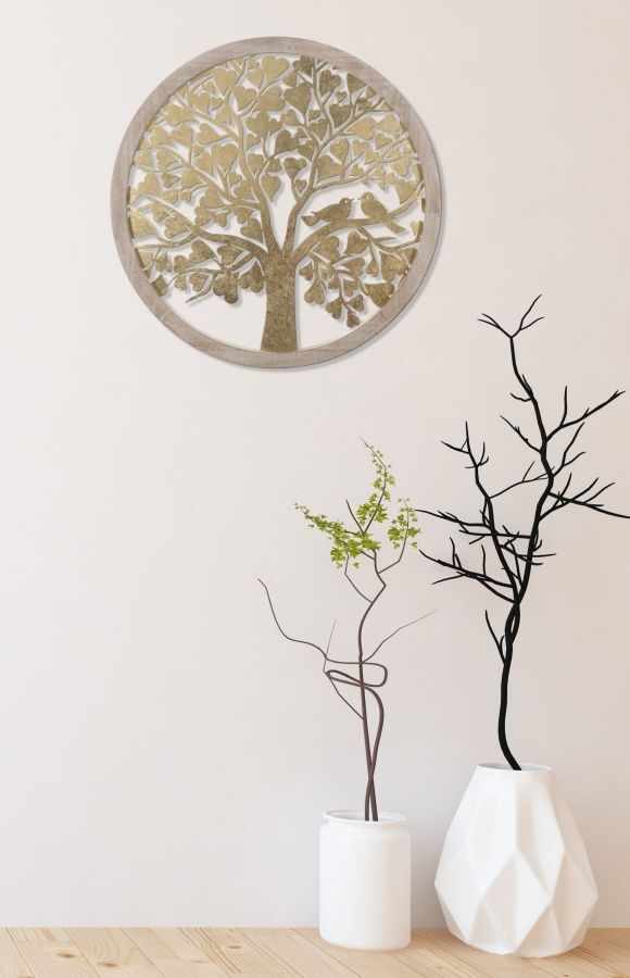 Decoratiune de perete din MDF si metal Tree Round Auriu / Natural, Ø80 cm