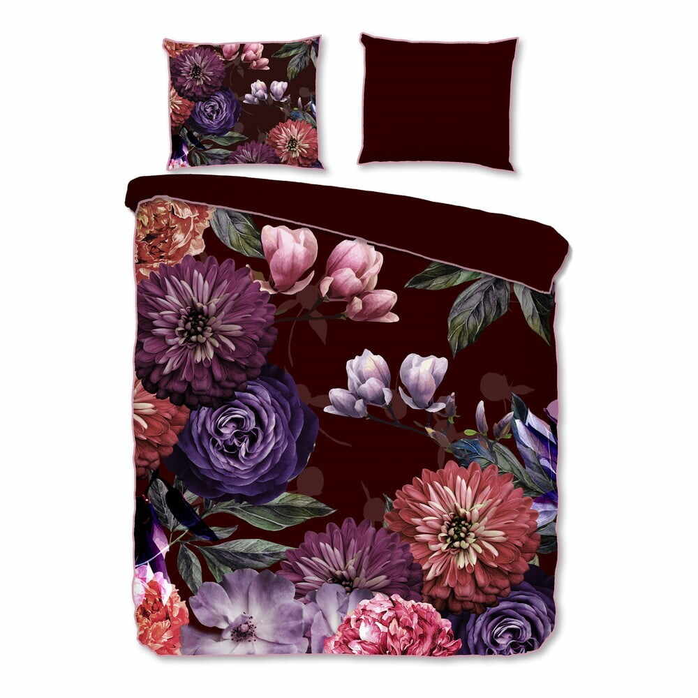 Lenjerie de pat din bumbac organic pentru pat de o persoană Descanso Gerbera, 140 x 220 cm, violet închis