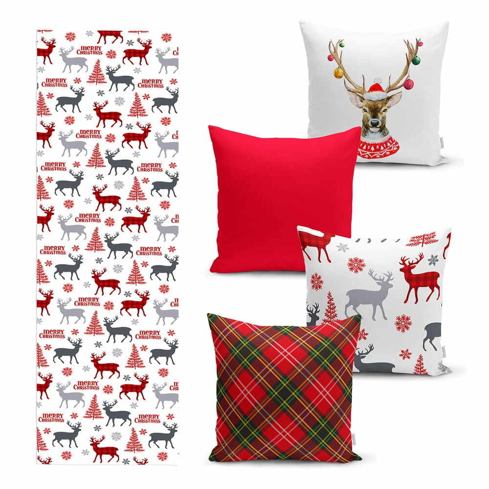 Set 4 fețe de pernă și un napron de masă cu model de Crăciun Minimalist Cushion Covers Christmas Ornaments