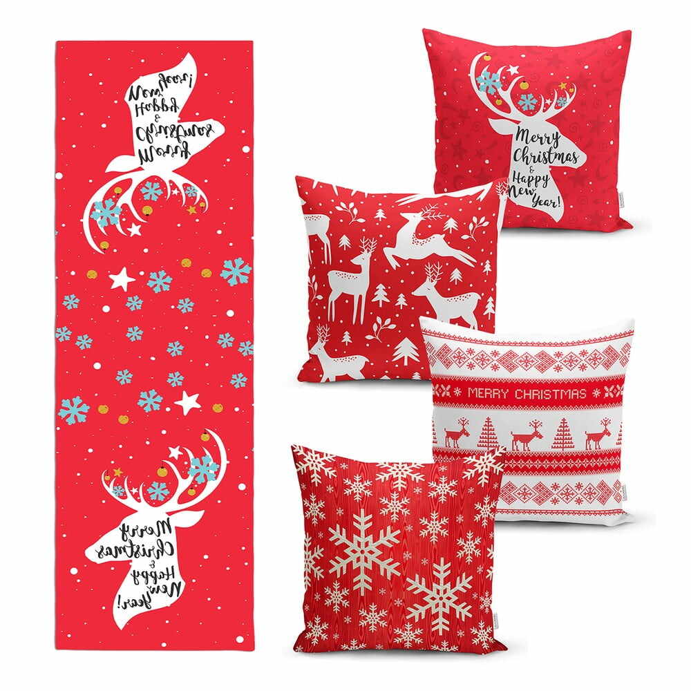 Set 4 fețe de pernă și un napron de masă cu model de Crăciun Minimalist Cushion Covers Joy
