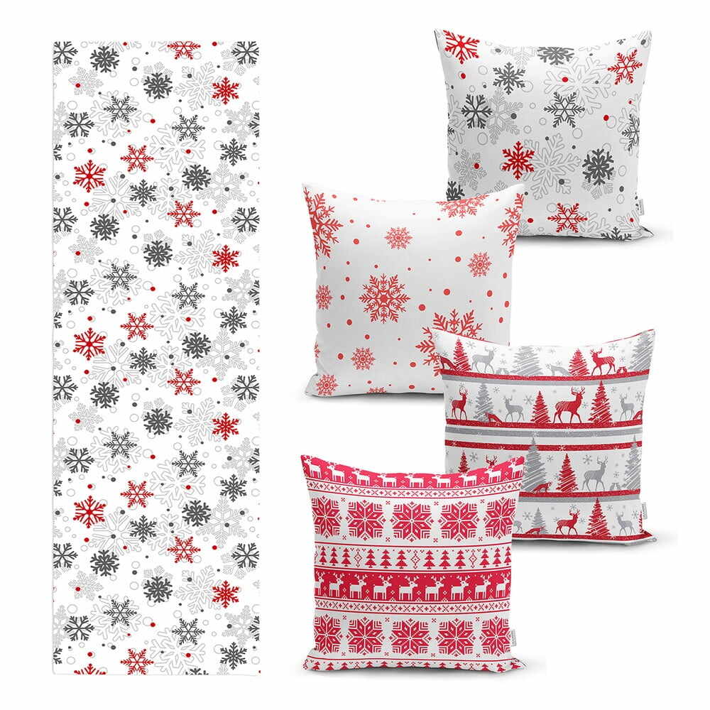 Set 4 fețe de pernă și un napron de masă cu model de Crăciun Minimalist Cushion Covers Red Christmas