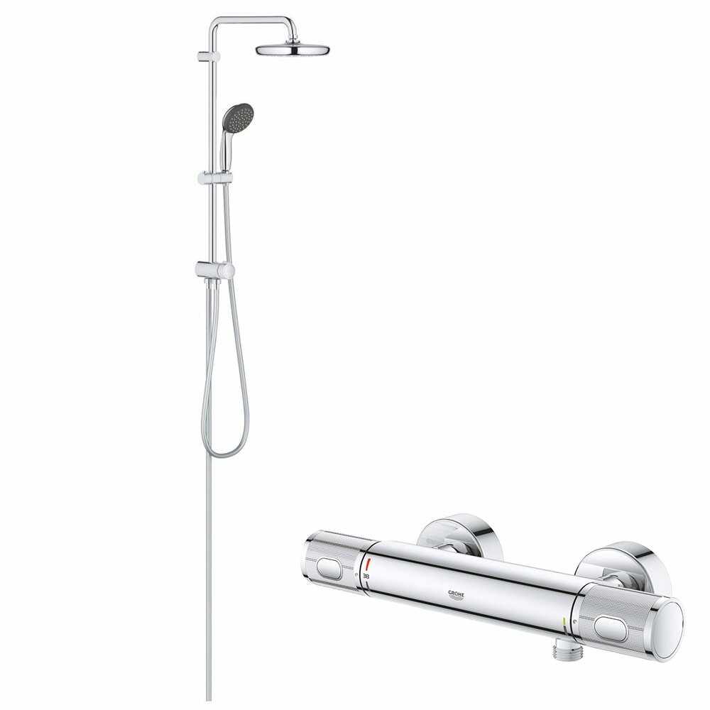 Coloana dus Grohe palarie 210 mm, crom, baterie cabina dus termostat Grohe Performance (26382001,34776000)
