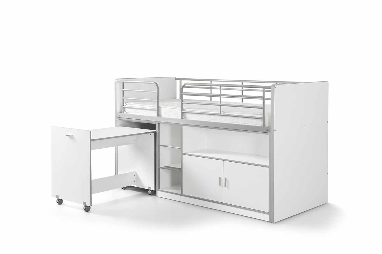Pat etajat din pal si metal cu birou incorporat si 2 usi, pentru copii Bonny Alb, 200 x 90 cm