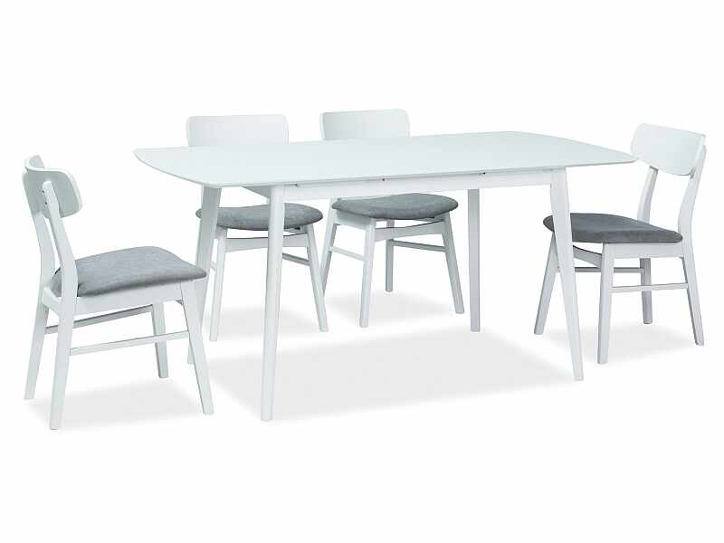 Set masa extensibila din MDF si lemn Combo II Alb + 4 scaune din lemn, tapitate cu stofa Frans Gri / Alb, L120-160xl80xH75 cm
