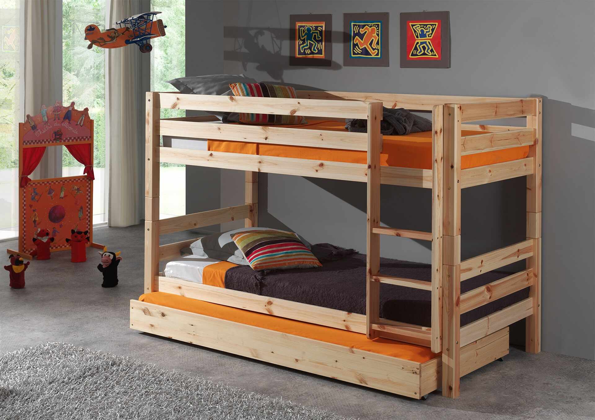 Pat etajat din lemn de pin cu sertar, pentru copii Pino Small Natural, 200 x 90 cm