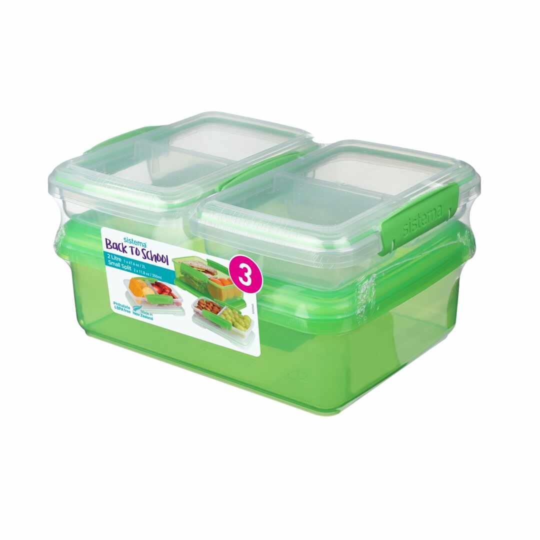 Pachet 3 cutii depozitare alimente plastic verde Sistema Back To School 2L + 2 x 350 ml