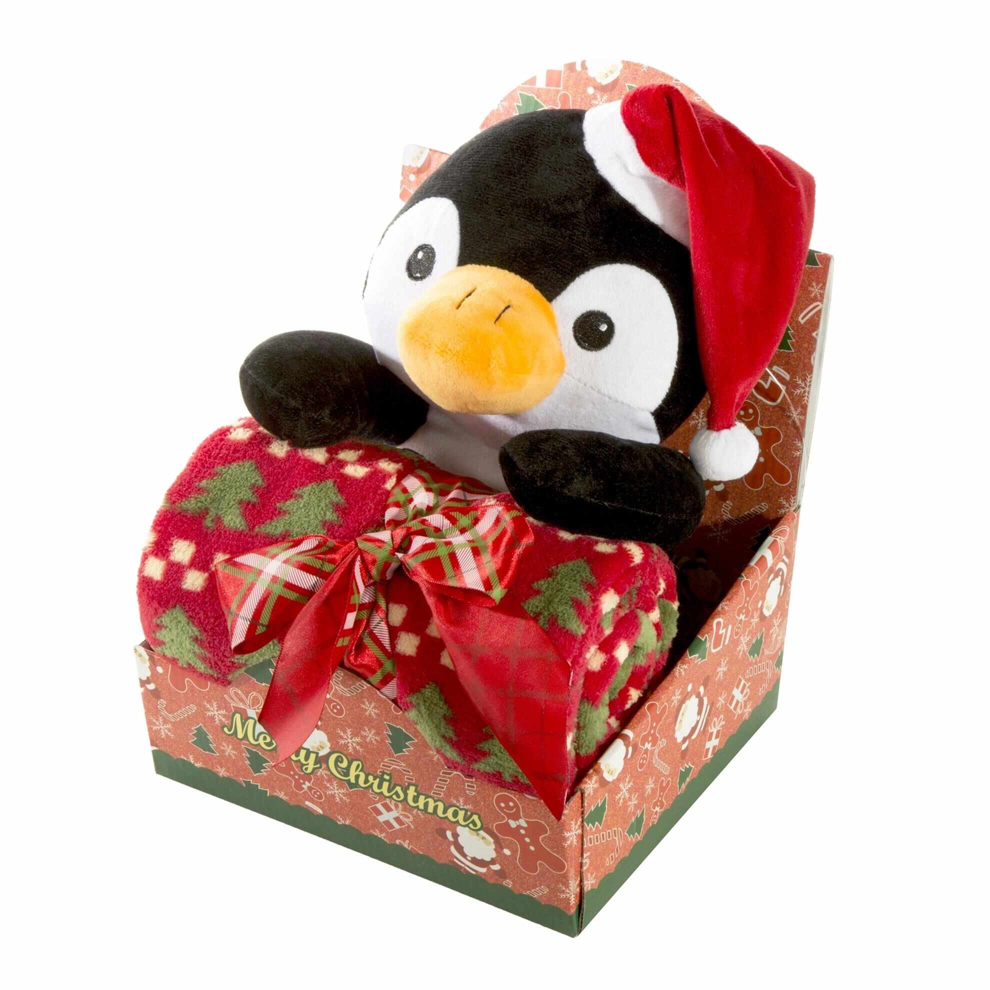 Set paturica cu pinguin, pentru copii, Christmas Rosu / Verde, 90 x 75 cm