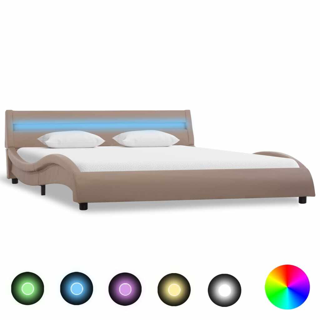 vidaXL Cadru pat cu LED, cappuccino, 160x200 cm, piele ecologică 