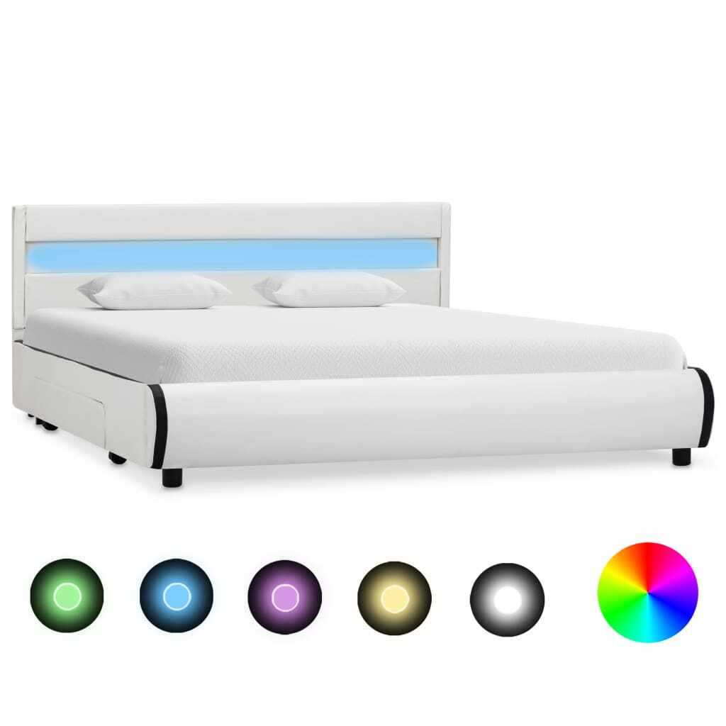vidaXL Cadru de pat cu LED, alb, 160 x 200 cm, piele ecologică 