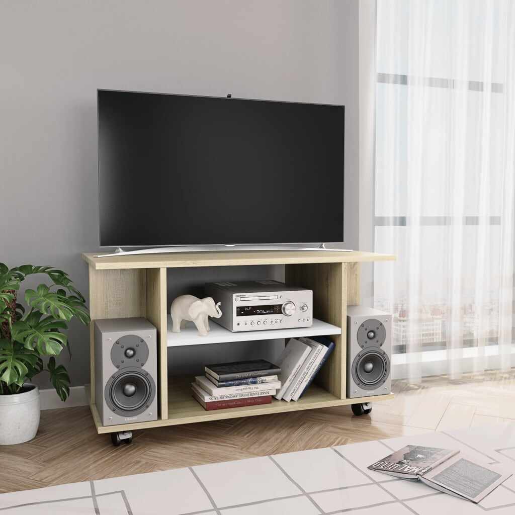 vidaXL Comodă TV cu rotile, alb și stejar Sonoma, 80 x 40 x 40 cm, PAL 