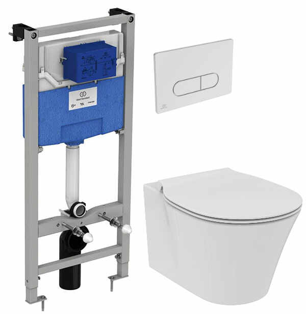 Set vas WC suspendat Ideal Standard Connect Air Aquablade capac inchidere lenta si rezervor incastrat ProSys cu clapeta Oleas M1 crom