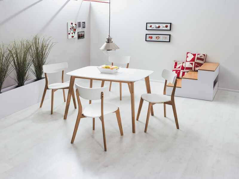 Set masa din MDF si lemn Mosso I Alb / Stejar + 4 scaune din lemn si MDF Mosso II Alb / Stejar, L120xl75xH75 cm