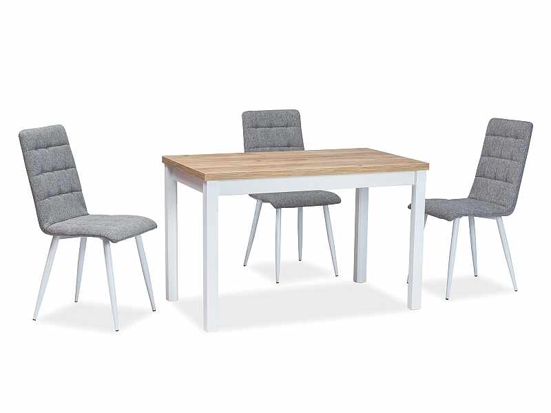 Set masa din pal si MDF Anais Stejar / Alb + 4 scaune tapitate cu stofa si picioare metalice Otto Gri / Alb, L120xl68xH75 cm