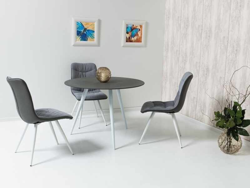 Set masa din sticla si metal Evita Gri / Alb + 4 scaune tapitate cu stofa si piele ecologica Evita Gri / Alb, Ø100xH76 cm