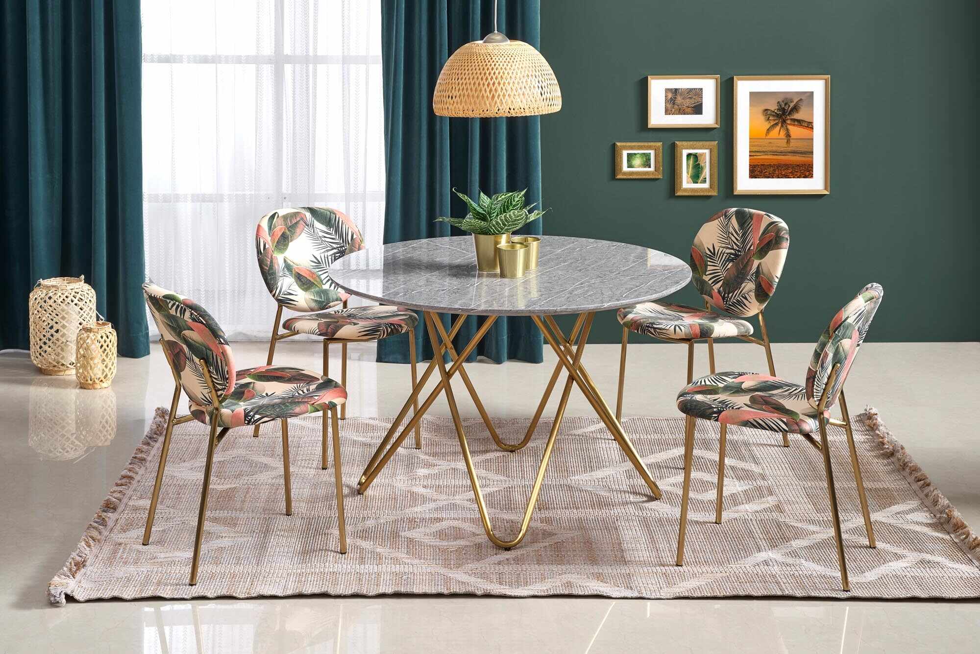 Set masa din MDF si metal Bonello Gri / Auriu + 4 scaune tapitate cu stofa K398 Multicolor / Auriu, Ø120xH76 cm
