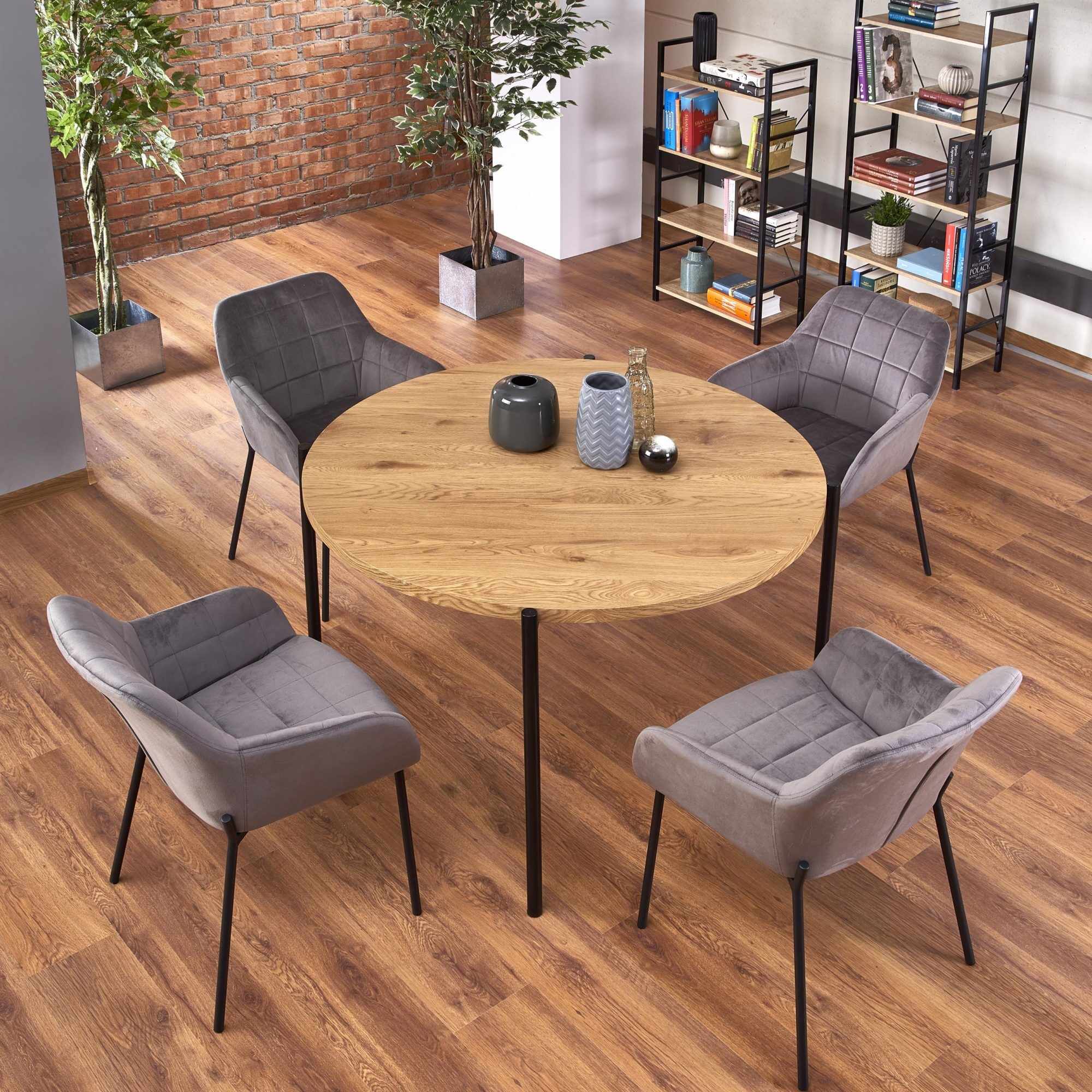 Set masa din MDF si metal Morgan Stejar / Negru + 4 scaune tapitate cu stofa K305 Gri, Ø120xH76 cm