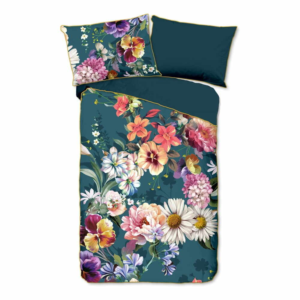 Lenjerie de pat din bumbac organic pentru pat de o persoană Descanso Sunflower, 140 x 200 cm, albastru petrol