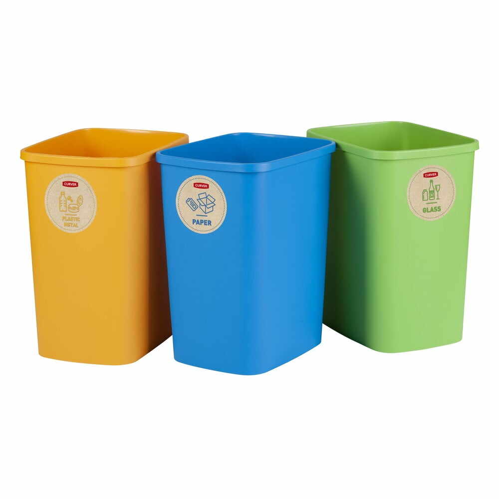 Set 3 coșuri de gunoi pentru sortarea deșeurilor CURVER ECO, 25 l