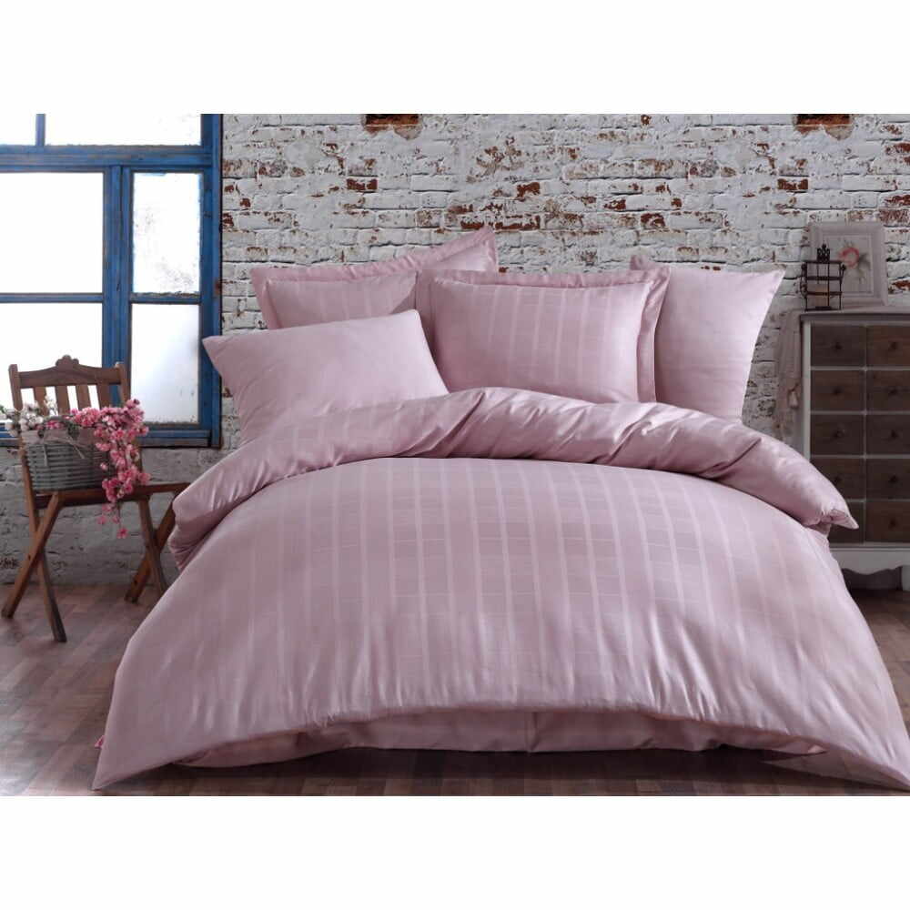 Lenjerie de pat din bumbac satinat pentru pat dublu cu cearșaf Hobby Ekose, 200 x 220 cm, roz