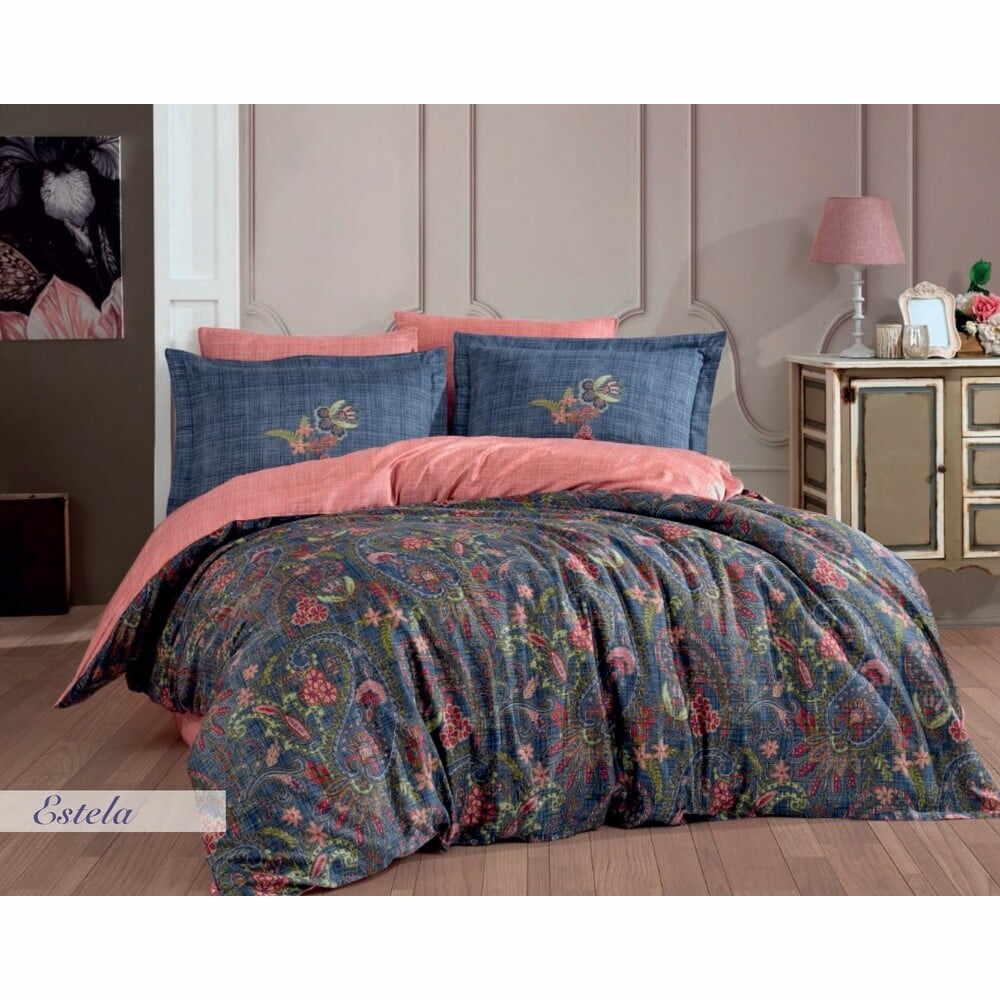 Lenjerie de pat din bumbac satinat pentru pat dublu cu cearșaf Hobby Estela, 200 x 220 cm, albastru închis