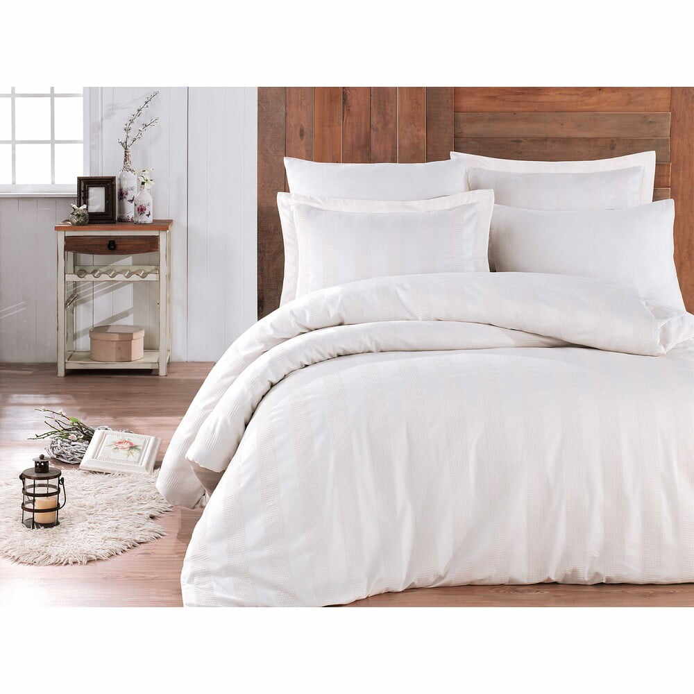 Lenjerie de pat din bumbac satinat pentru pat dublu cu cearșaf Hobby Wafel, 200 x 220 cm, alb