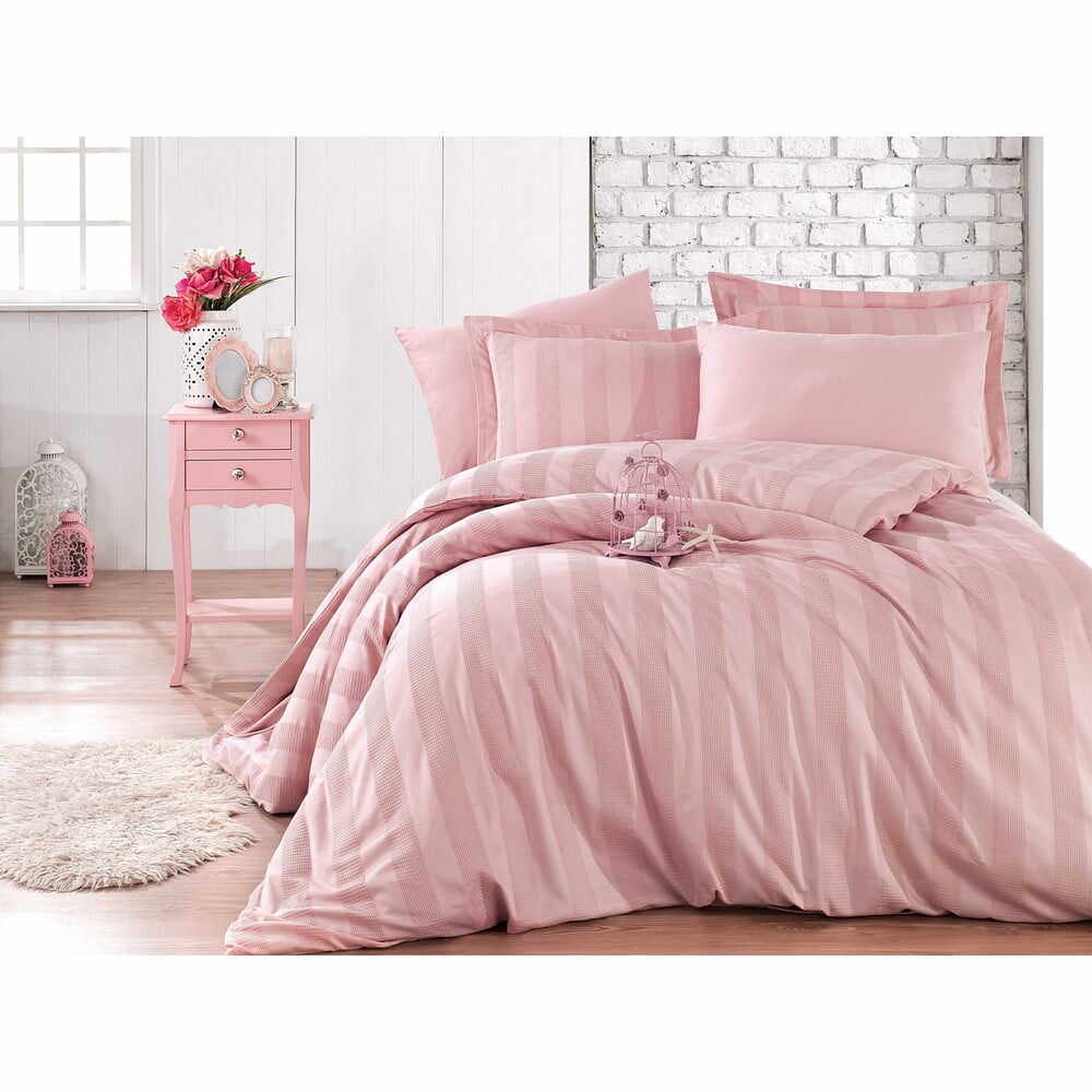 Lenjerie de pat din bumbac satinat pentru pat dublu cu cearșaf Hobby Wafel, 200 x 220 cm, roz