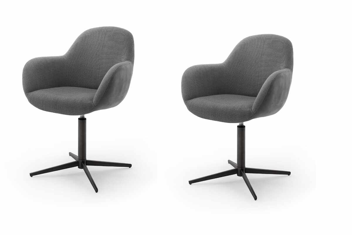 Set 2 scaune rotative tapitate cu stofa si piele ecologica, cu picioare metalice, Melrose Antracit / Negru, l64xA64xH88 cm