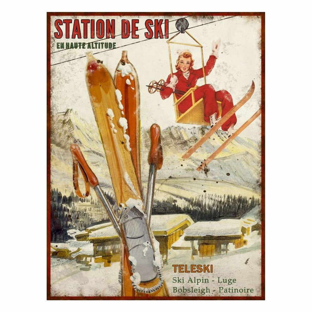 Placă decorativă din metal Antic Line Station de Ski, 25 x 33 cm