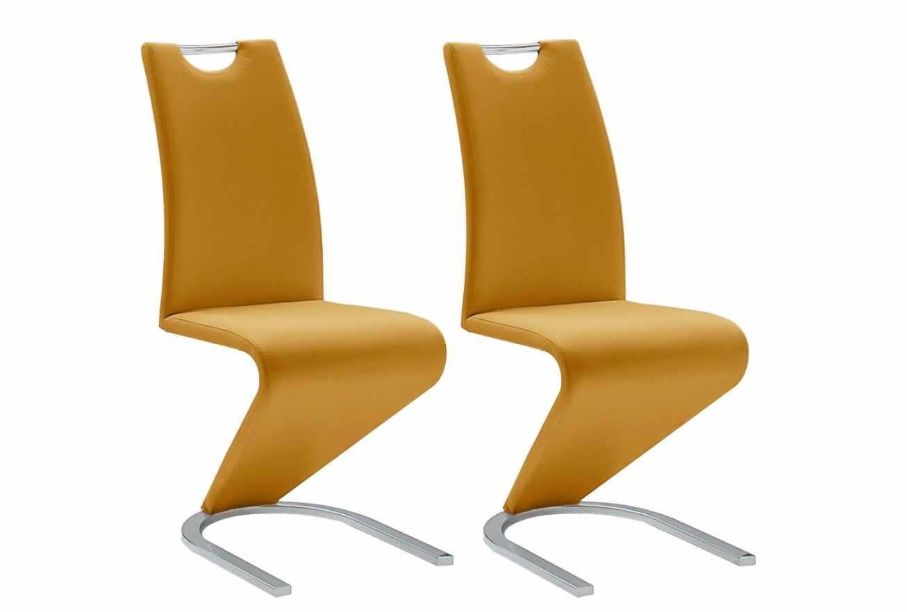 Set 2 scaune tapitate cu piele ecologica si picioare metalice, Amado Mustariu / Crom, l45xA62xH102 cm