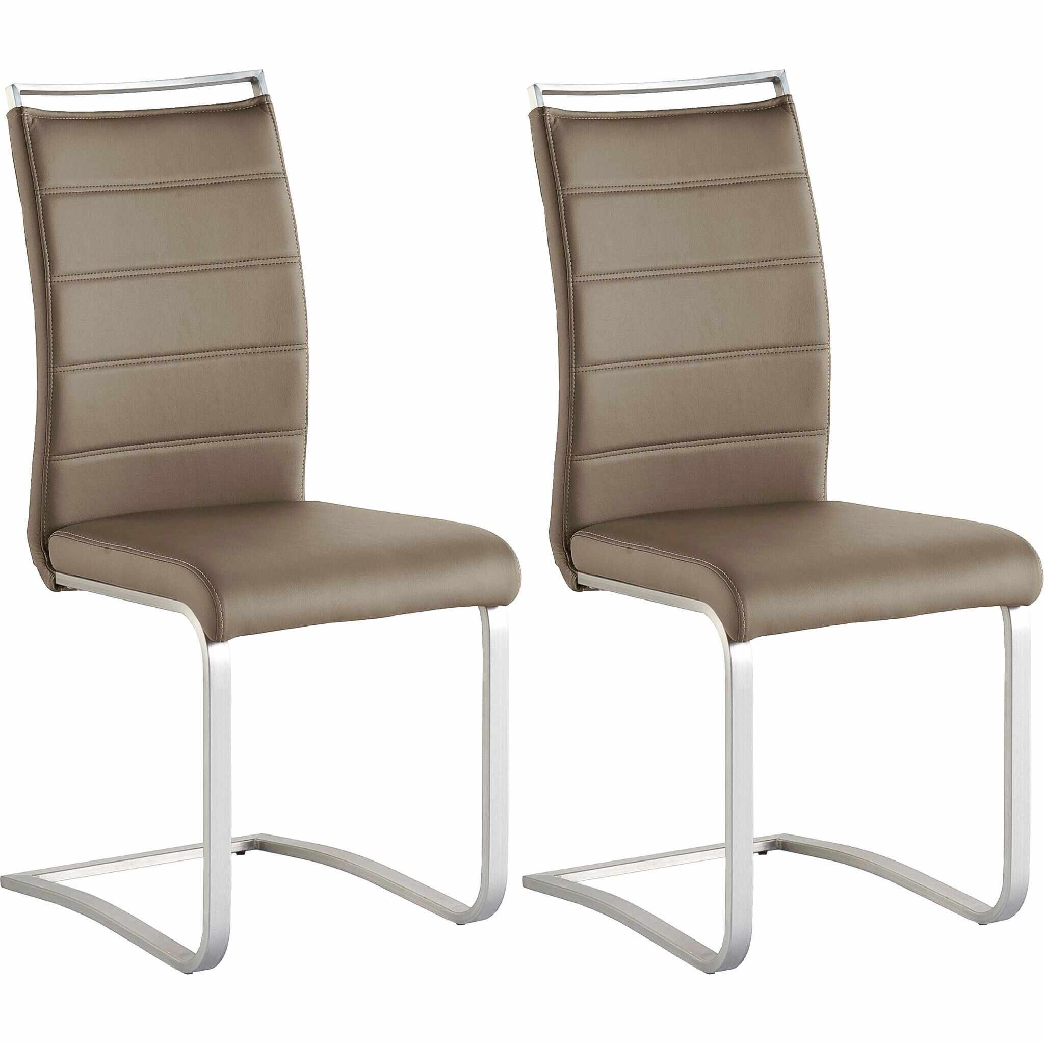 Set 2 scaune tapitate cu piele ecologica si picioare metalice, Pescara Capuccino / Crom, l42xA56xH102 cm