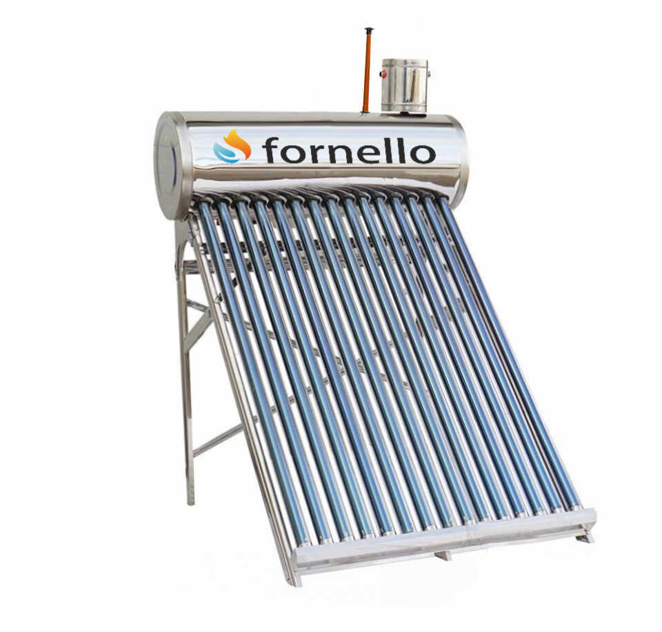 Panou solar nepresurizat Fornello pentru producere apa calda, cu rezervor inox 122 litri, 15 tuburi vidate si vas flotor 5 litri