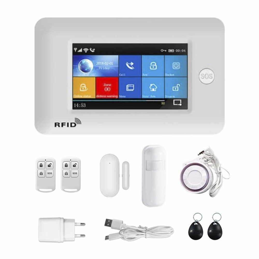 Kit sistem de securitate cu alarma PGST PG-106, Conexiune Wi-Fi & GSM, Control vocal, Display 4.3 inch