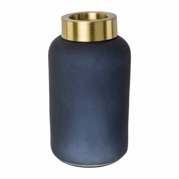 Vaza decorativa din sticla si metal, Jar Small Albastru Inchis / Auriu, Ø10,5xH19 cm