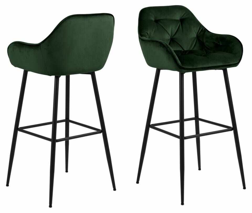 Set 2 scaune de bar tapitate cu stofa si picioare metalice, Brooke Velvet Verde / Negru, l52xA53xH104 cm