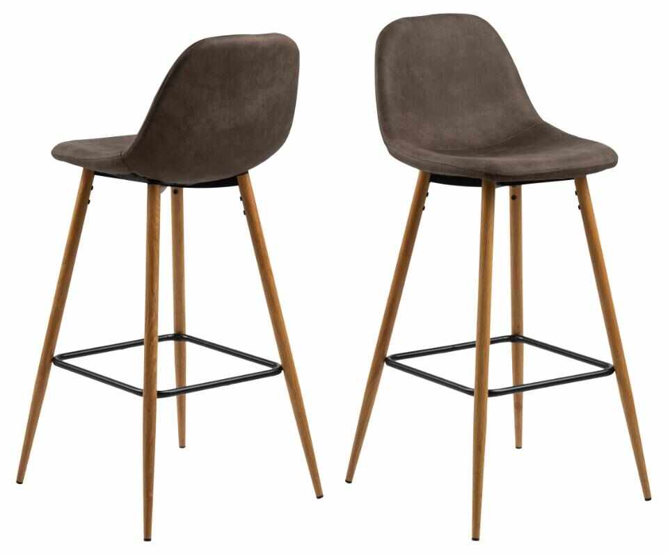 Set 2 scaune de bar tapitate cu stofa si picioare metalice, Wilma Maro / Stejar, l46,6xA51xH101 cm