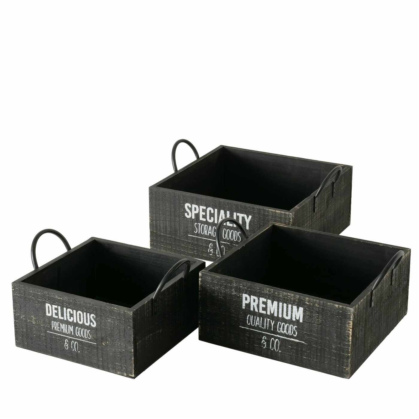 Set 3 cutii pentru depozitare din lemn, Premium Negru, L38xl32xH19 cm / L34xl28xH18 cm / L30xl24xH17 cm